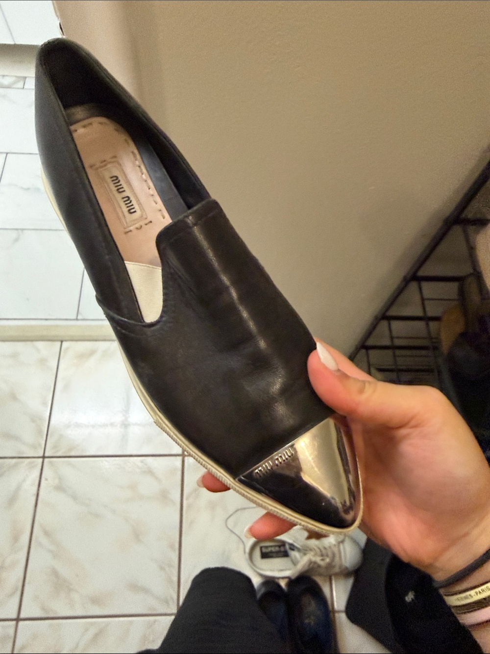 Miu Miu Black Leather Slip-On with silver Toe Cap